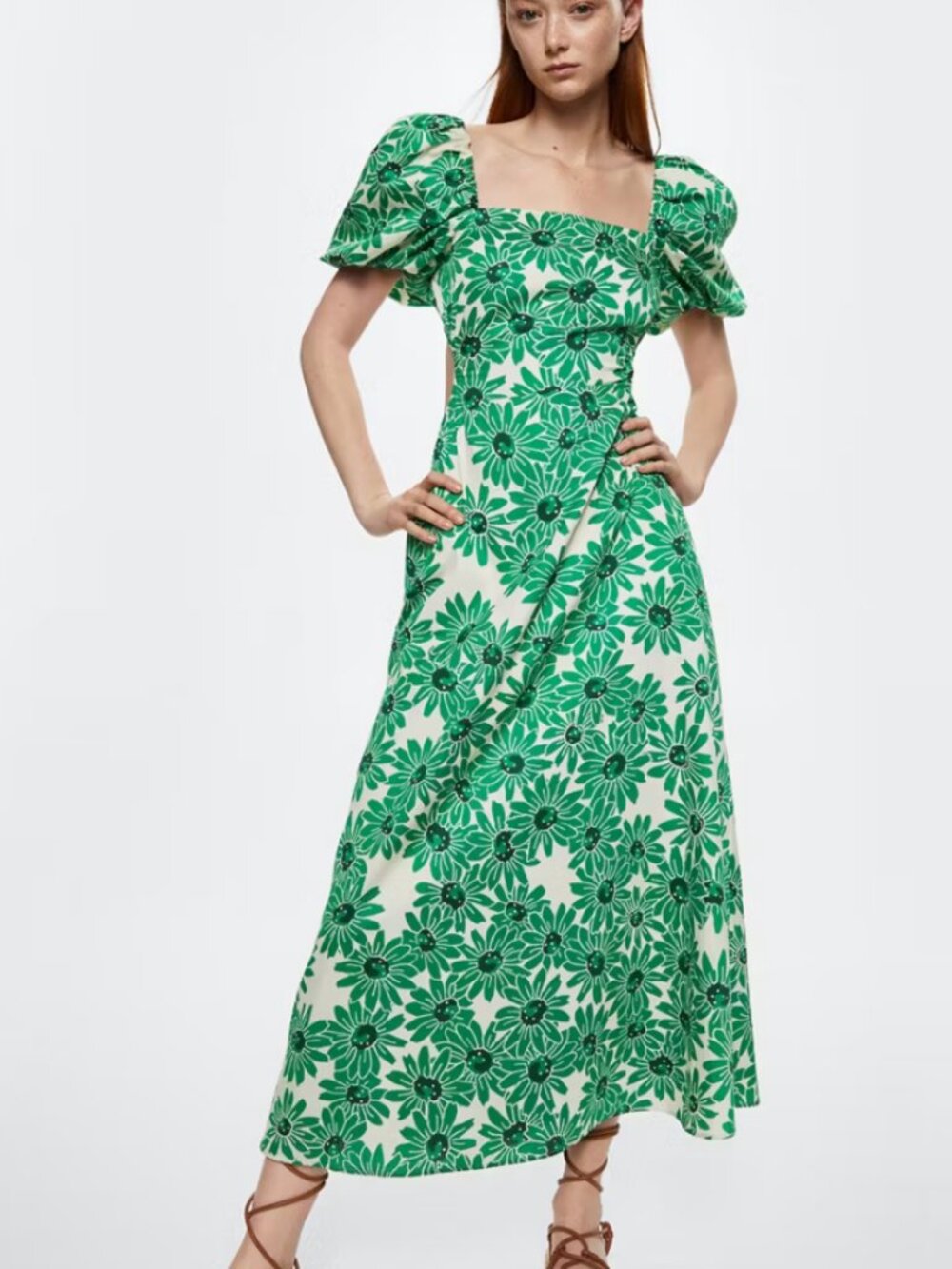 NWT Mango Green Floral Puff-Sleeve Maxi Dress- size XXS